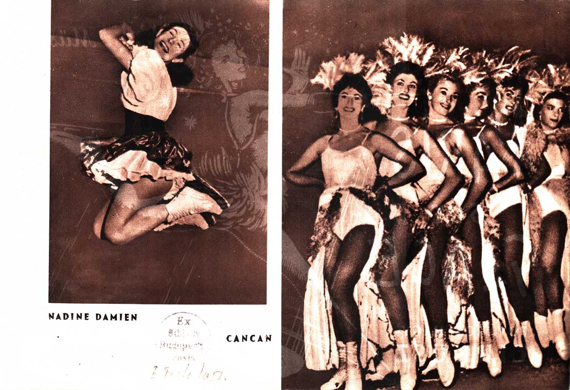 Az 1957-es francia jégrevühöz készült kis méretű, 8 oldalas műsorfüzet belső oldalain az előadás látványos táncjelenetei szerepelnek. Forrás: Fővárosi Szabó Ervin Könyvtár Budapest Gyűjtemény