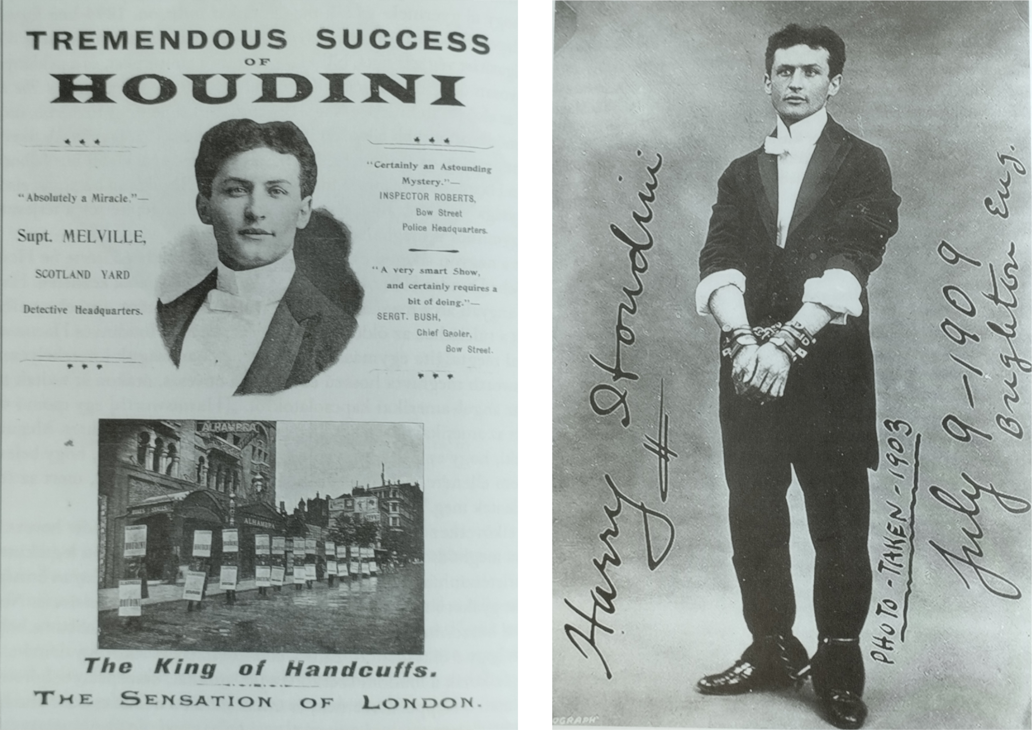 Houdinit népszerűsítő plakát Melville főfelügyelő (Scotland Yard) méltató szavaival, valamint egy dedikált képeslap 1902-ből. Forrás: Kalusch & Sloman, 2019.