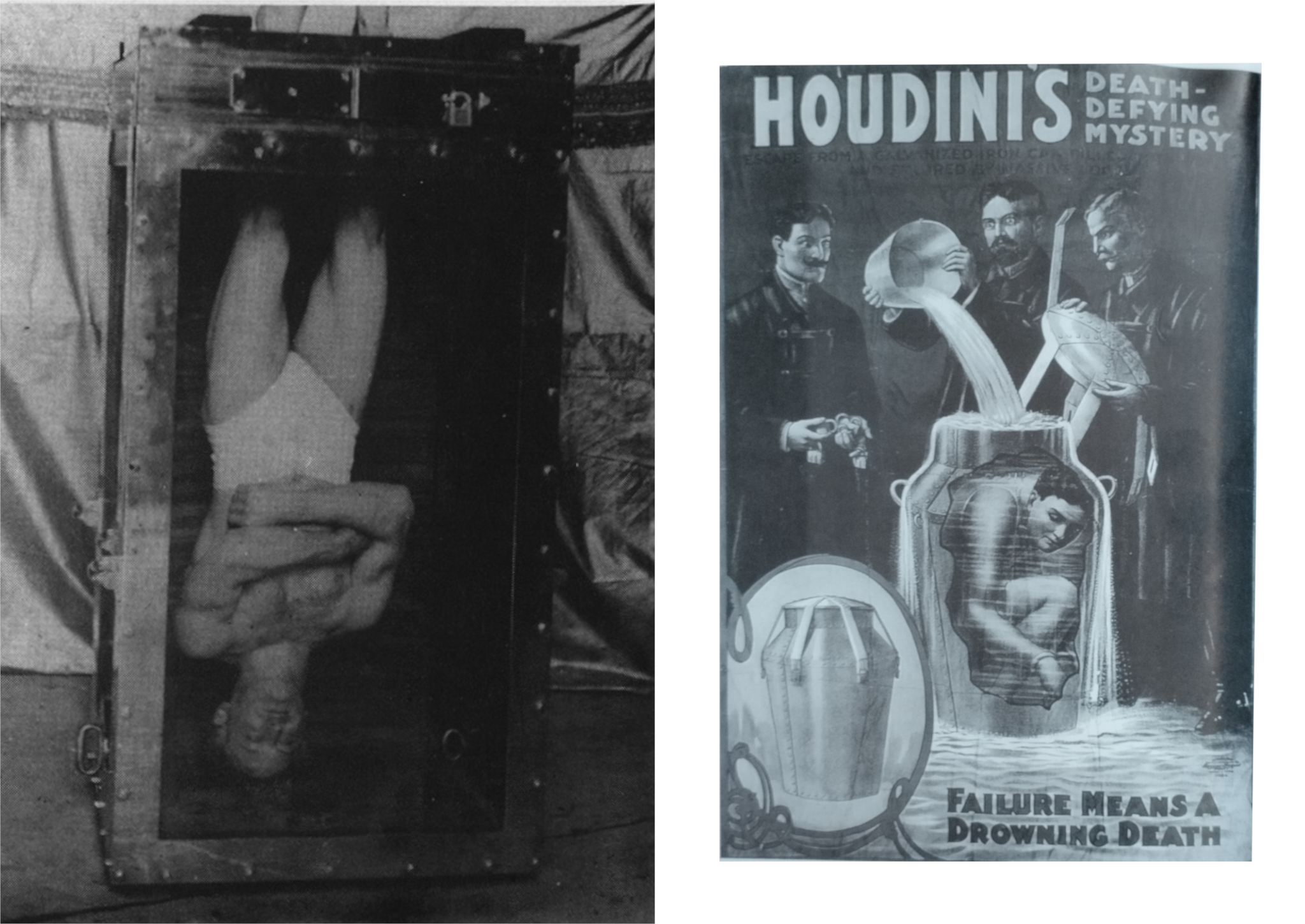 Balra Houdini a „kínai víztartály tortúra” előadása közben, mellette a „tejeskanna-szabadulás” plakátja látható. Forrás: Brandon, 1994.