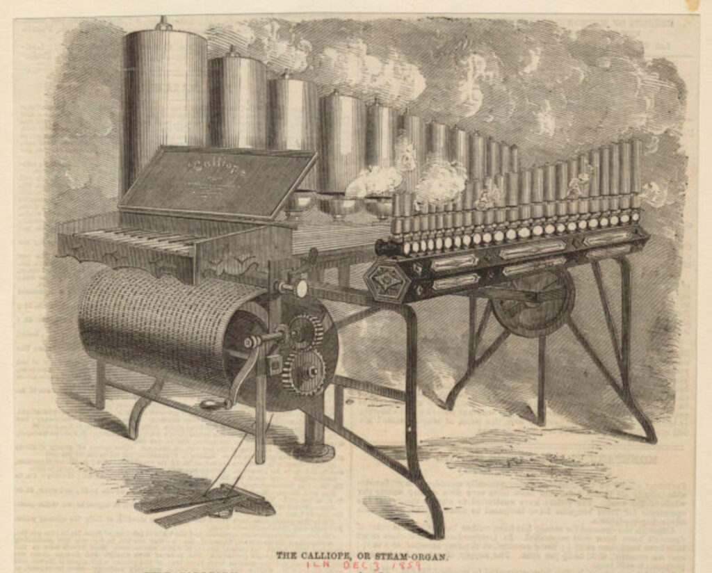 A London Illustrated News 1859. december 3-án megjelent beszámolójához készült ábrázolás Denny gőzorgonájáról. Forrás: The New York Public Library
