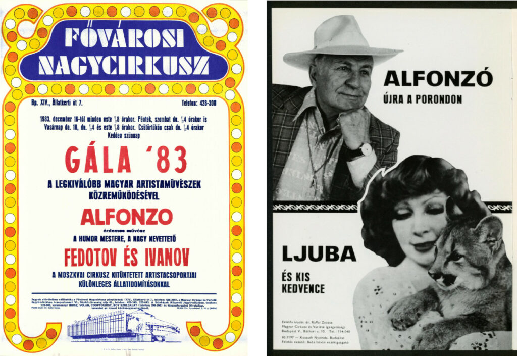 A Fővárosi Nagycirkusz „Gála ’83” című műsorához készült szöveges plakát és a műsorfüzet egyik oldala Alfonzóval. Forrás: Magyar Cirkuszművészeti Múzeum, Könyvtár és Archívum