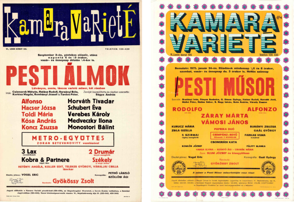 A Kamara Varieté „Pesti álmok” és „Pesti műsor” című előadása 1965-ből, illetve 1975-ből. Forrás: Magyar Cirkuszművészeti Múzeum, Könyvtár és Archívum
